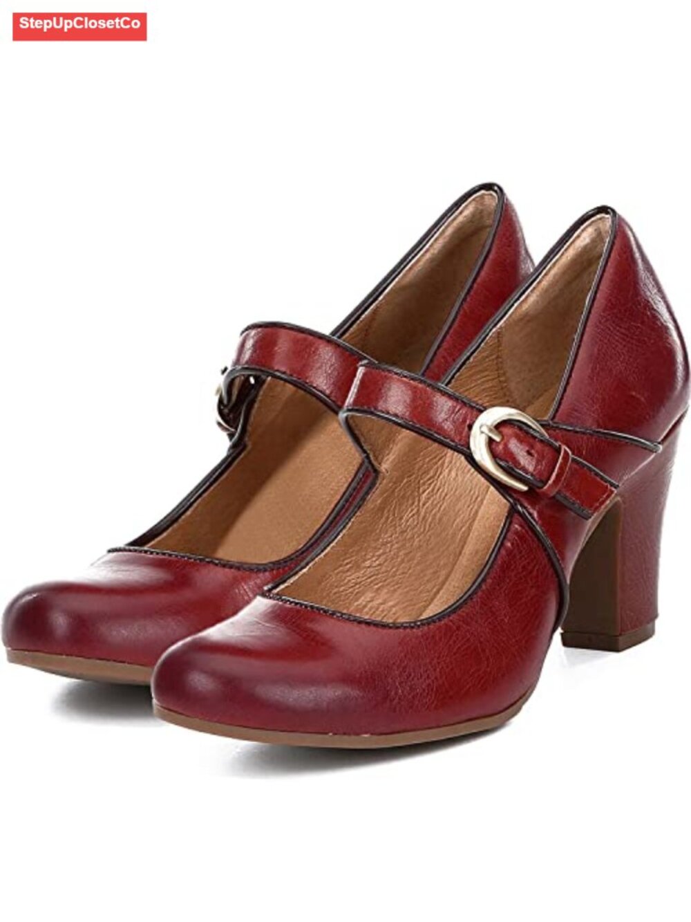 Women Vintage Chunky Block Heel Mary Jane Pumps Closed Toe Ankle Strap